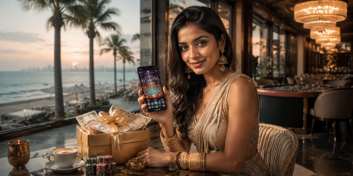 Happy Indian young woman using mobile for online lottery payments